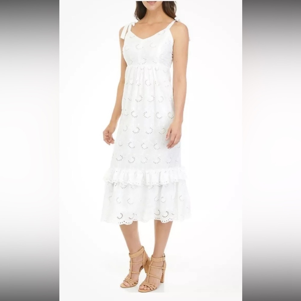 Boho style White Cotton Eyelet Tiered Midi Sun Dress Tie Shoulder Pullover - Picture 1 of 9
